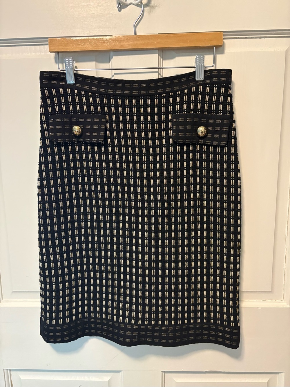 Milly New York black gold boucle tweed wool classic pencil skirt size 10 womens